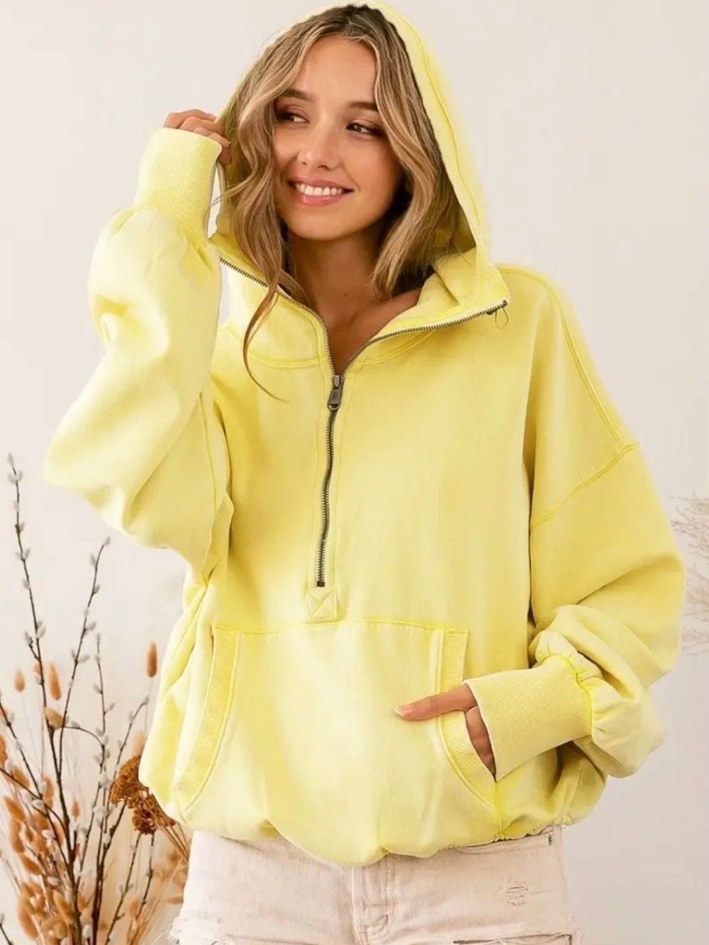 Bibi Oversized Stitch Detail Elastic Hem Half-Zip Fleece Hoodie Pullover